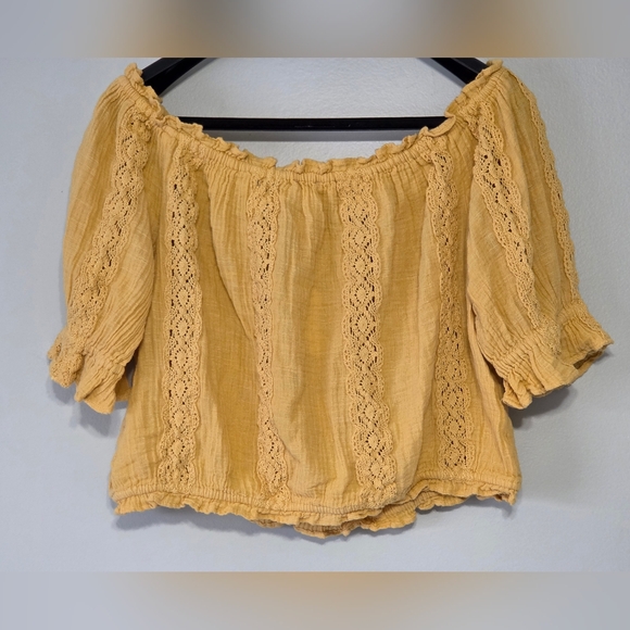 NWT American Eagle XL Mustard Yellow Lace Boho Smocked Crop Top Cottagecore - Picture 8 of 11